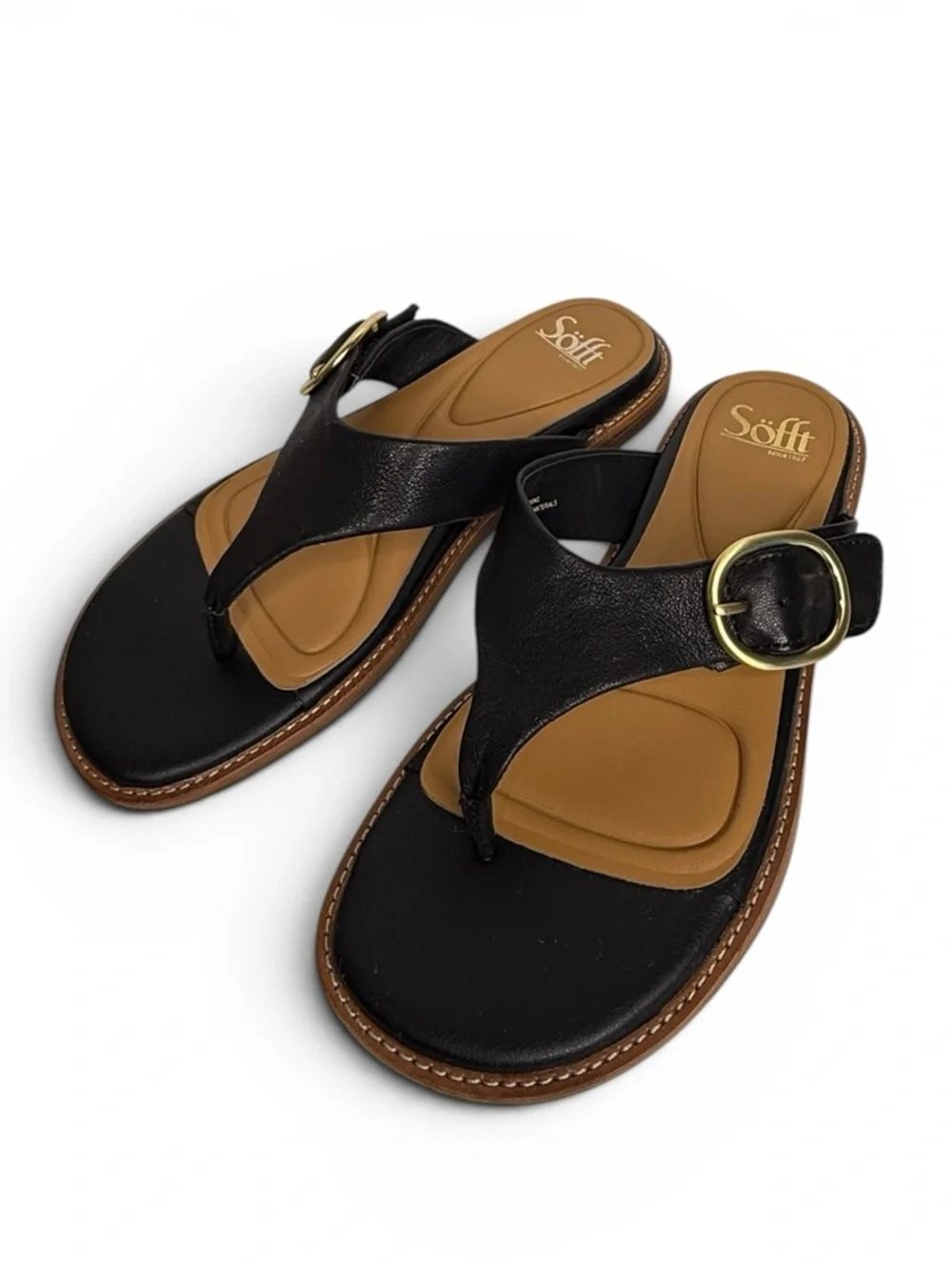 Söfft Black Leather Thong Sandals w/ Gold Buckle – Size 8.5M